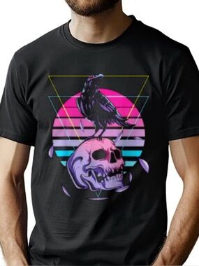 NWOT Vaporwave Skull & Crow Graphic T-Shirt Large Pastel Goth Retro Art